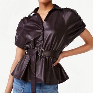 Scoop NYC Black Faux Leather Black Peplum Belted Blouse Top Shirt pleather vinyl